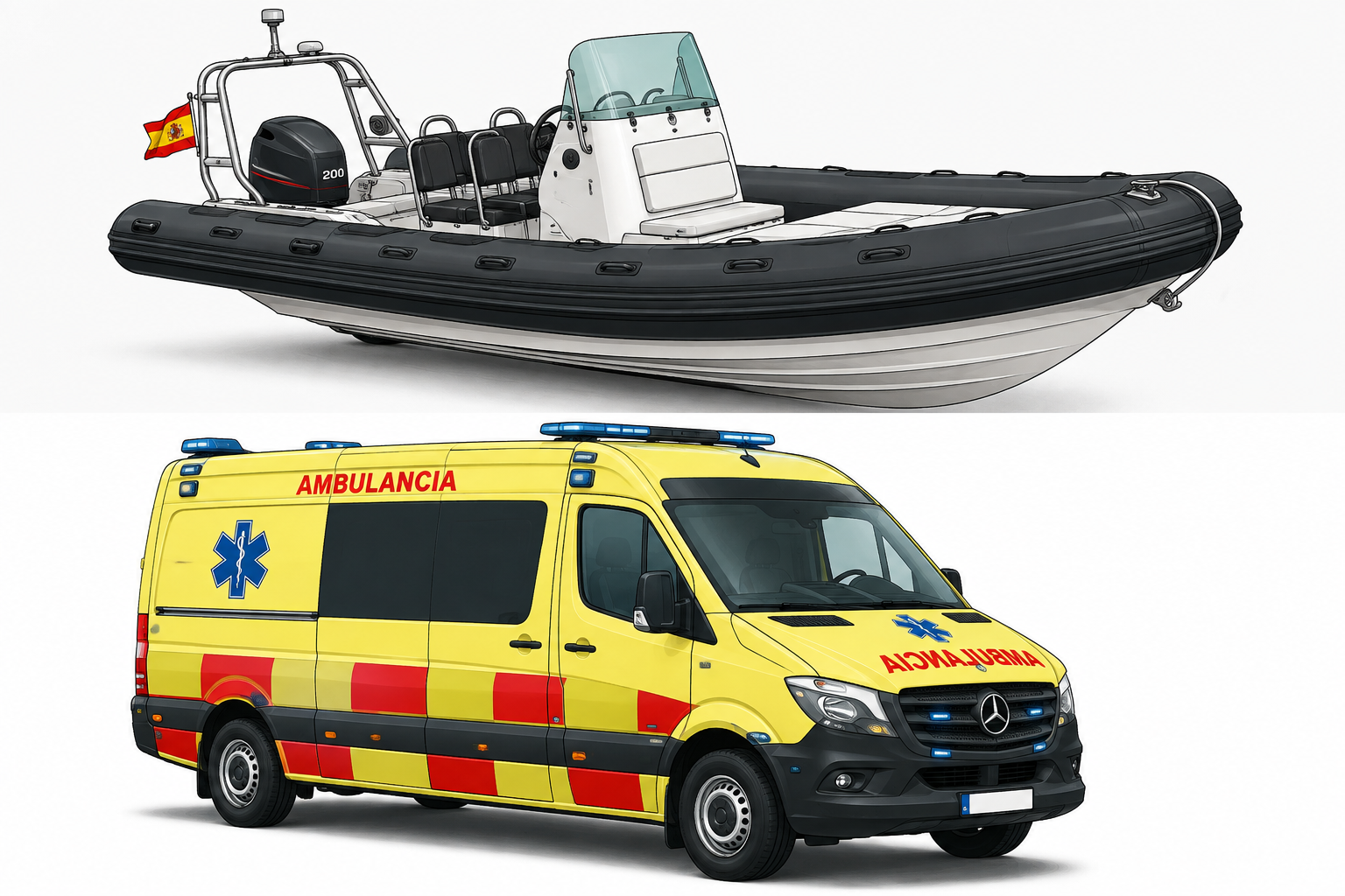 Embarcación tipo semirrígida y ambulancia, ejemplos de los vehículos y embarcaciones que puedes controlar